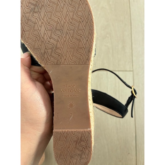 Stuart Weitzman Black Leather Espadrille Wedge Sandals Ankle Strap Size 7 - Picture 6 of 7